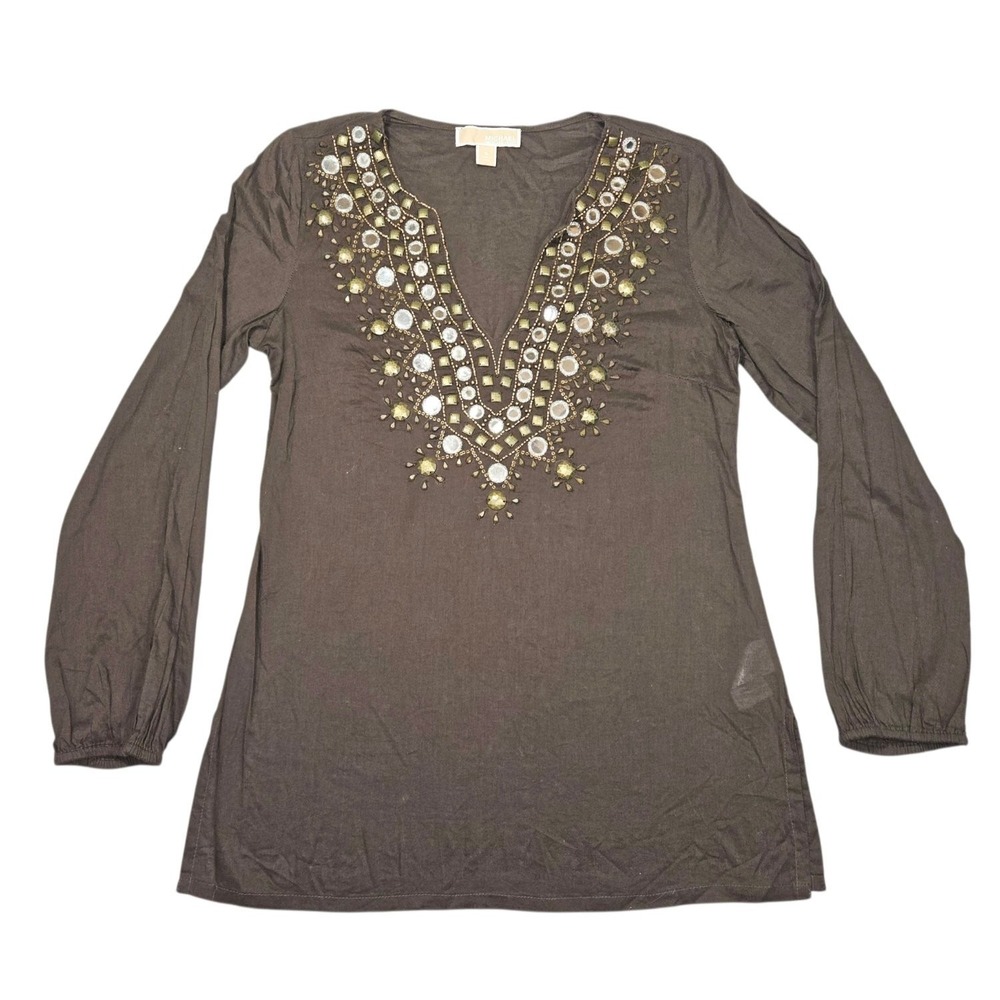 Michael Kors Womens Size Small Brown Mirror Embellished V-Neck Tunic Blouse Cott